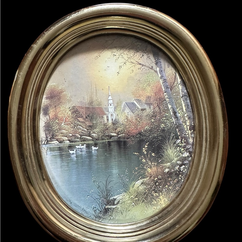 Vintage Homco Set of 2 Home Interior Gold Oval Frame, Swan Church Village - Picture 3 of 4